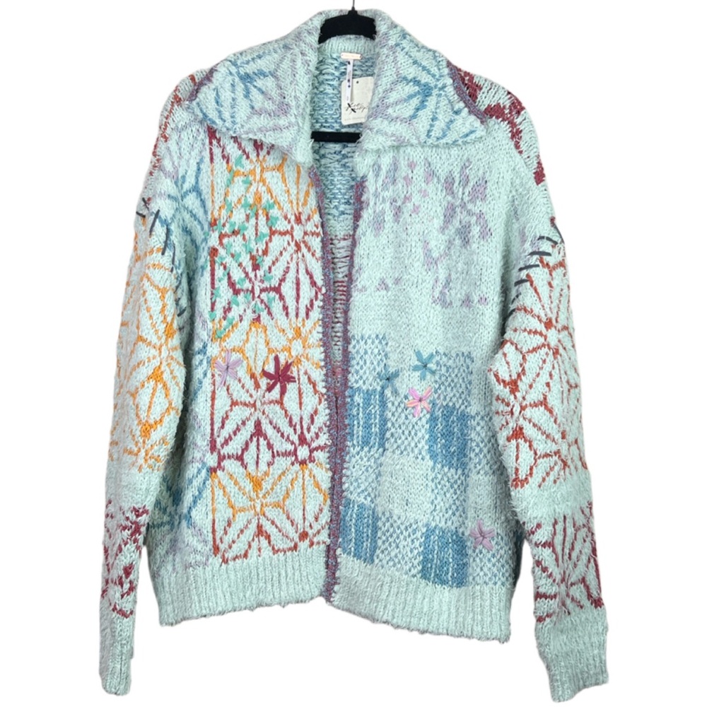 Free People Prairie Cardi Knit Cardigan Sweater Floral Pockets Open Front Small - Picture 3 of 8